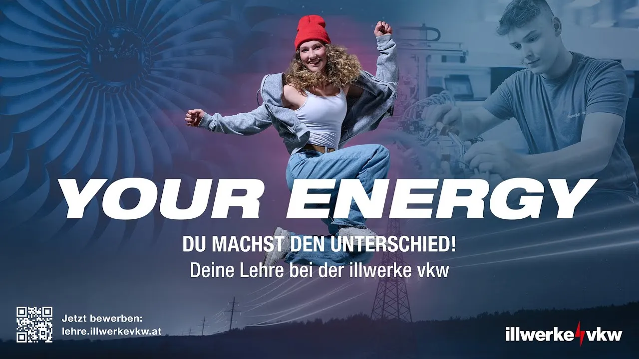 Kampagnenmotiv: eine junge Frau mit roter Mütze springt in die Luft, daneben arbeitet ein Lehrling an einer Schaltanlage, darüber der Schriftzug „Your Energy“