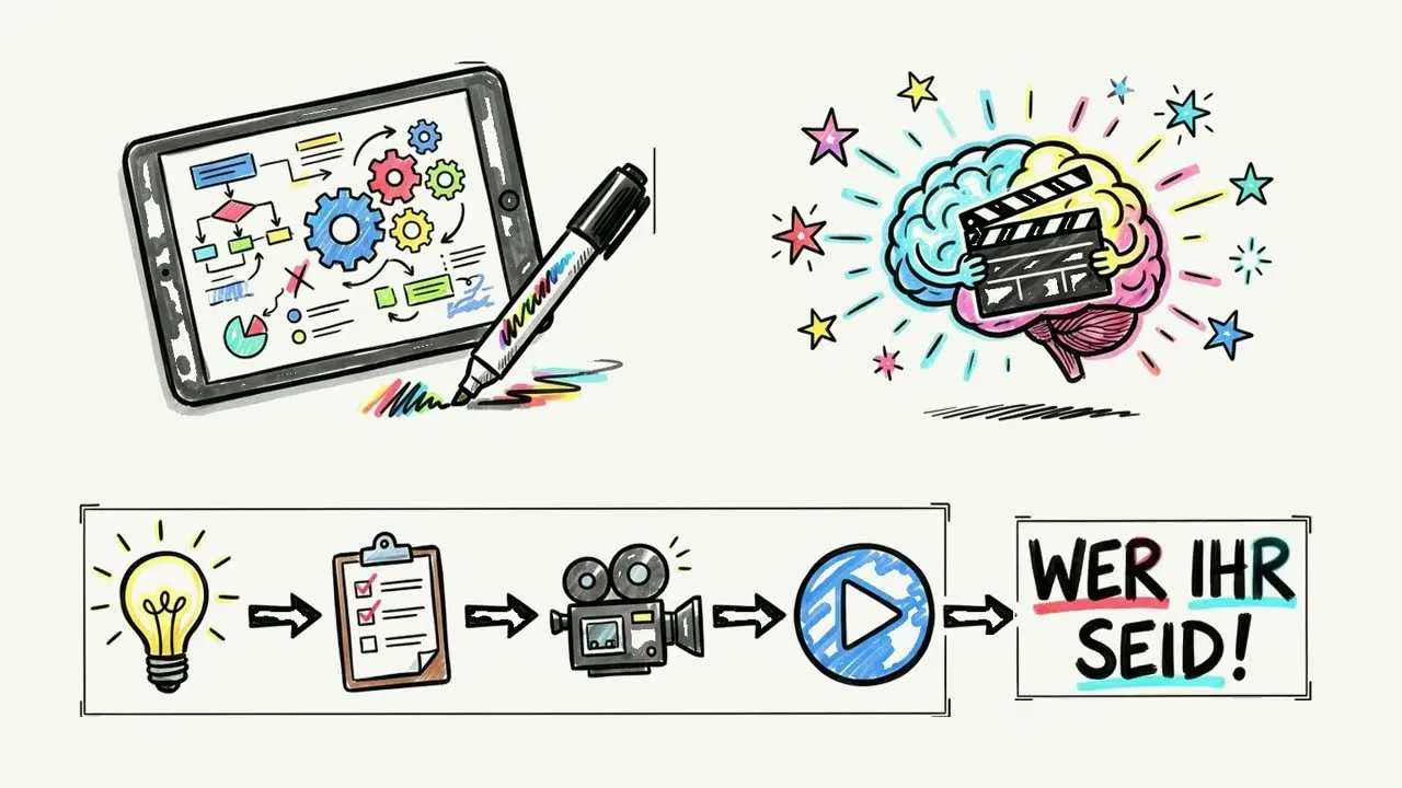 Gezeichnete Illustrationen: ein Tablet mit Diagrammen, ein Gehirn mit Filmklappe und der Weg von der Idee über die Kamera zum fertigen Video